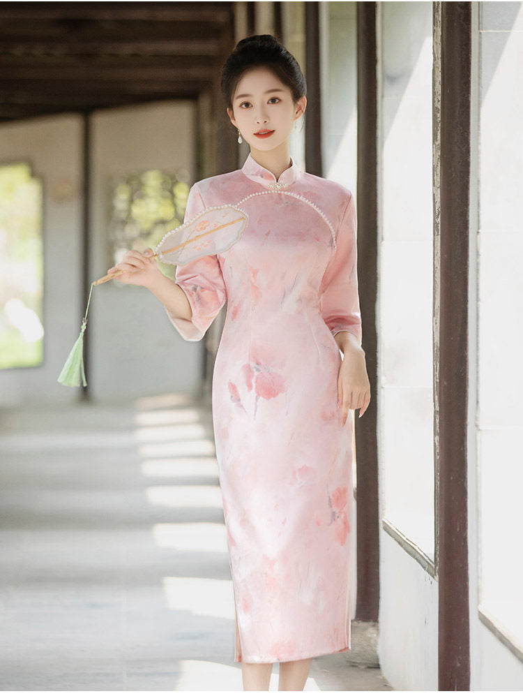 Pink Floral Three-Quarter Sleeve Mandarin Collar Qipao Dress