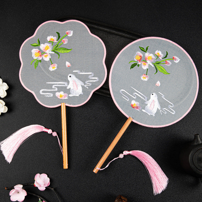 Handmade Chinese Round Fan With Rabbit And Cherry Blossom Embroidery