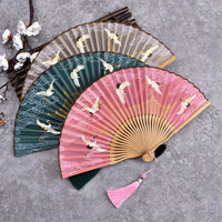 Elegant Handcrafted Folding Fan with Crane Design and Gift Box