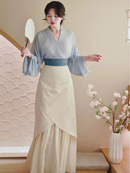 Elegant Two-Piece Flowing Hanfu Set with Light Blue Top and Cream Skirt