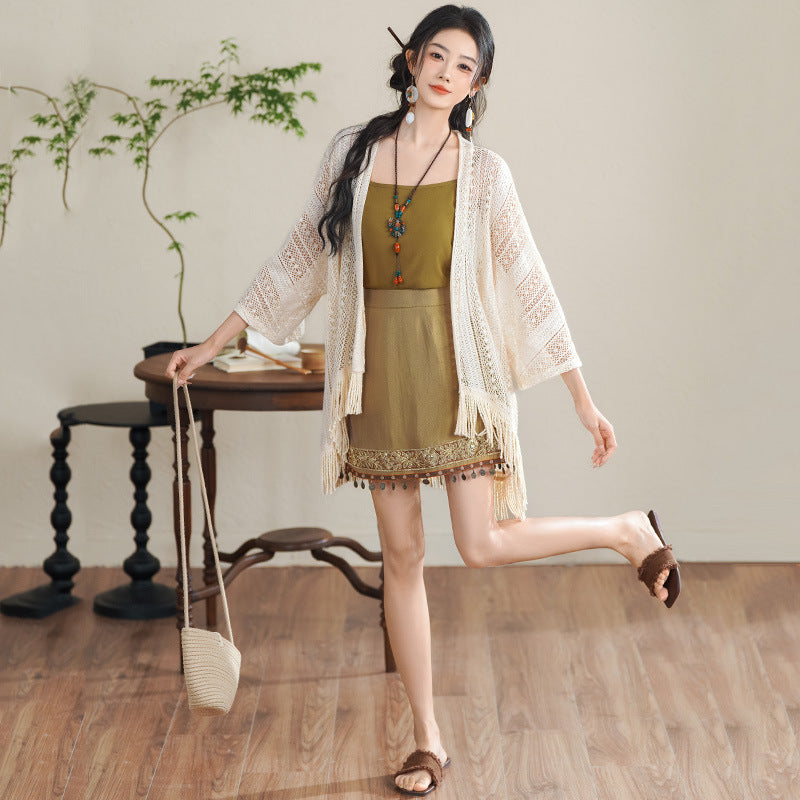 New Chinese Style Three-Piece Set with Embroidered Skirt, Tank Top, and Fringe Cardigan