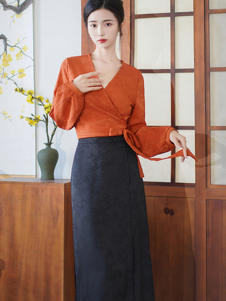 Elegant Hanfu Two-Piece Set – Orange Wrap Top and Black Skirt