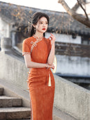 Elegant Orange Lace Cheongsam Dress with Traditional Detailing