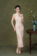 Pink Floral Sleeveless Velvet Qipao Dress | Slim Mandarin Maxi