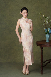 Pink Floral Sleeveless Velvet Qipao Dress | Slim Mandarin Maxi