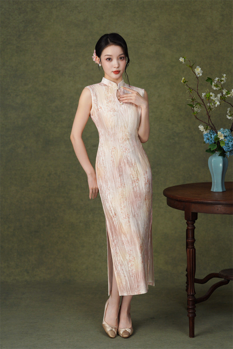 Pink Floral Sleeveless Velvet Qipao Dress | Slim Mandarin Maxi