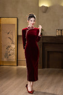 Red Velvet Lace Long Sleeve Qipao Dress | Slim Mandarin Maxi