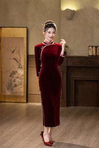 Red Velvet Lace Long Sleeve Qipao Dress | Slim Mandarin Maxi