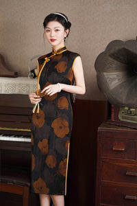 Elegant Black Cheongsam with Floral Prints and Pearl Detailing