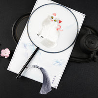 Hand-Embroidered Cat Design Round Fan With Tassel For Hanfu Accessories