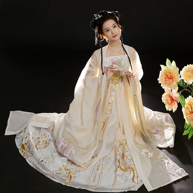 Tang Dynasty Hanfu Dress Elegant Golden Embroidered Flowing Gown