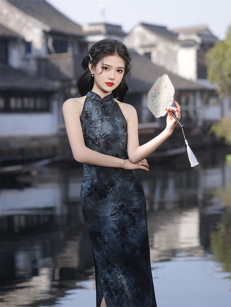 Elegant Black Bamboo Pattern Halter Qipao Dress - Chinese Inspired Style