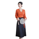 Elegant Hanfu Two-Piece Set – Orange Wrap Top and Black Skirt