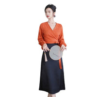 Elegant Hanfu Two-Piece Set – Orange Wrap Top and Black Skirt