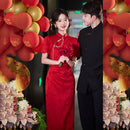 Red Floral Short Sleeve Mandarin Collar Wedding Qipao Dress
