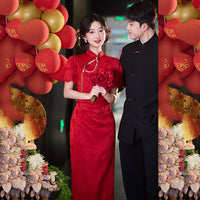 Red Floral Short Sleeve Mandarin Collar Wedding Qipao Dress