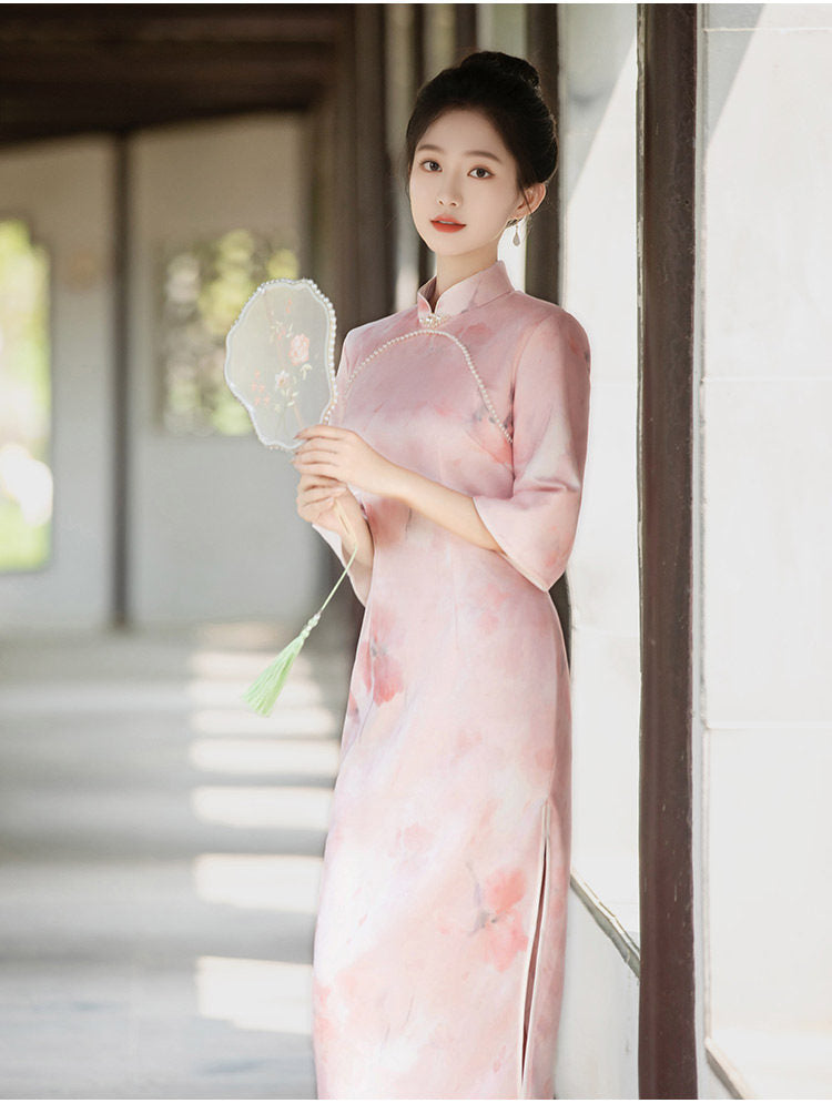 Pink Floral Three-Quarter Sleeve Mandarin Collar Qipao Dress