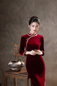 Red Velvet Lace Long Sleeve Qipao Dress | Slim Mandarin Maxi