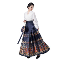 Mamianqun embroidered horse skirt and blouse for women in navy blue with colorful embroidery