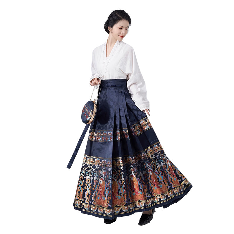 Mamianqun embroidered horse skirt and blouse for women in navy blue with colorful embroidery