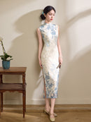 Ivory Blue Floral Jacquard Sleeveless Qipao Maxi Dress