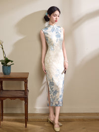 Ivory Blue Floral Jacquard Sleeveless Qipao Maxi Dress