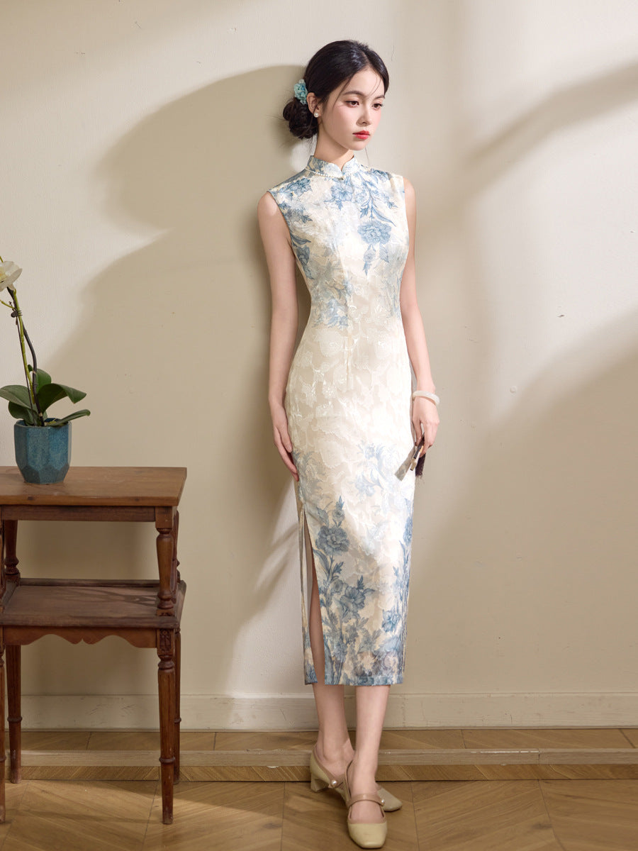 Ivory Blue Floral Jacquard Sleeveless Qipao Maxi Dress