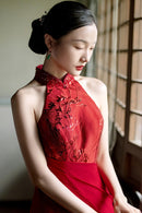 Modern Bridal Qipao Halter Long Gown | Sleeveless Shoulder-Baring