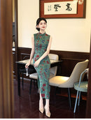 Green Floral Sleeveless Mandarin Collar Slim Qipao Dress