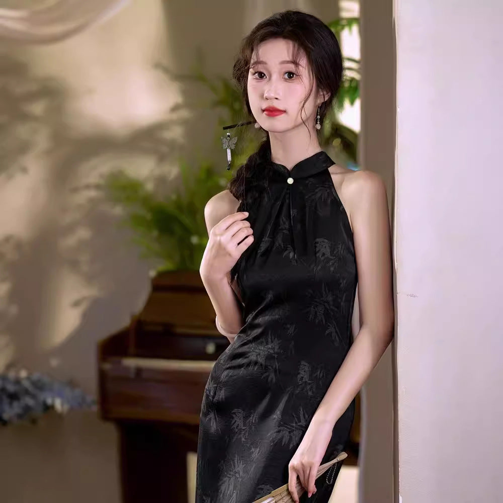 New Chinese Retro Cheongsam Sleeveless Black Qipao