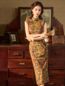 Caramel Brown Orange Floral Jacquard Sleeveless Qipao Maxi Dress