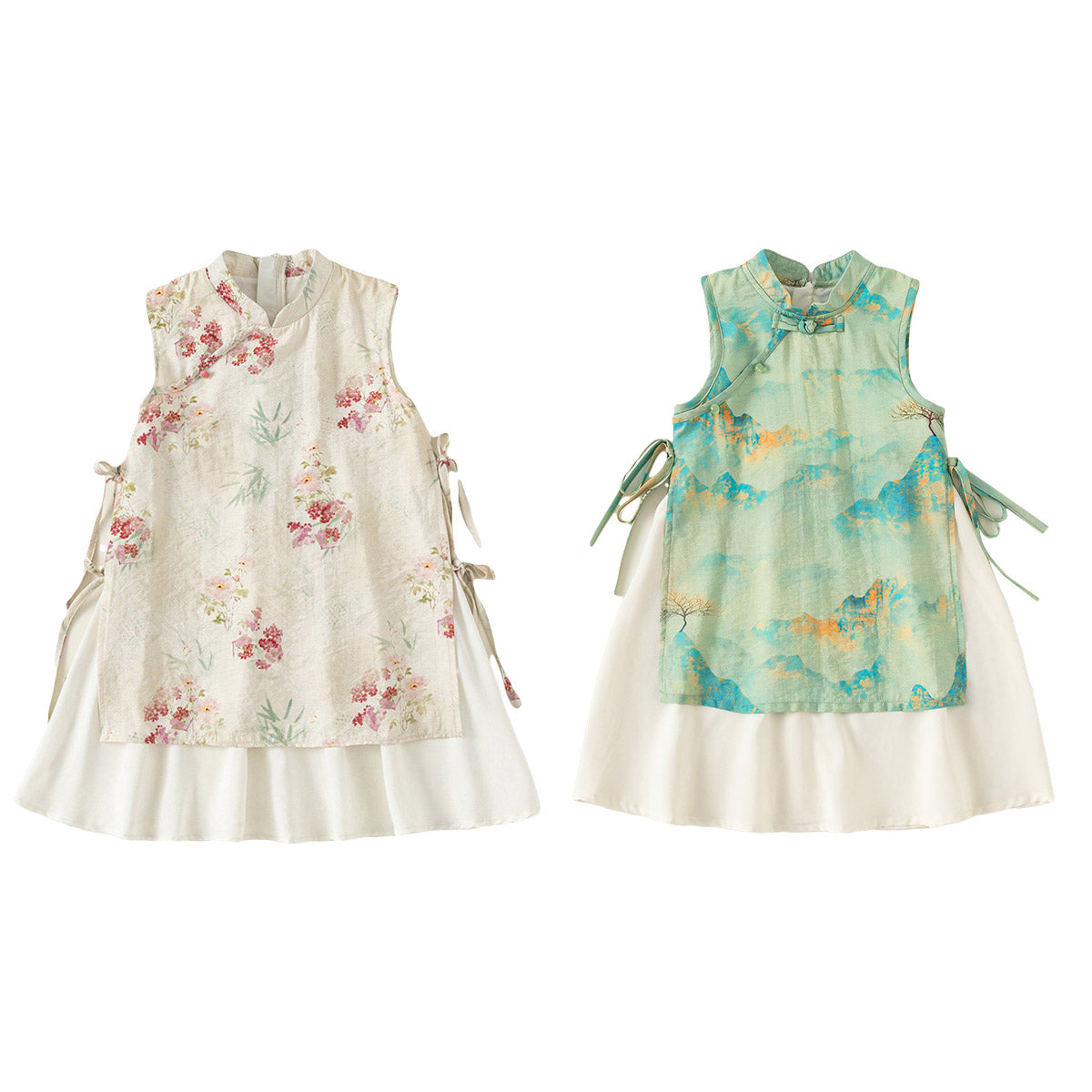 米色、绿色、粉色碎花女童汉服