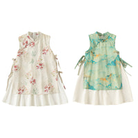 米色、绿色、粉色碎花女童汉服