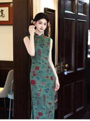 Green Floral Sleeveless Mandarin Collar Slim Qipao Dress