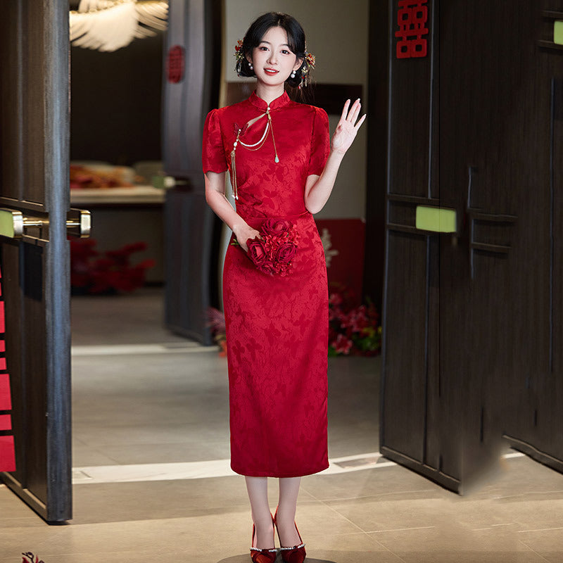 Red Floral Short Sleeve Mandarin Collar Wedding Qipao Dress