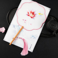 Chinese Embroidered Lotus Fan With Pink Tassel and Wooden Handle