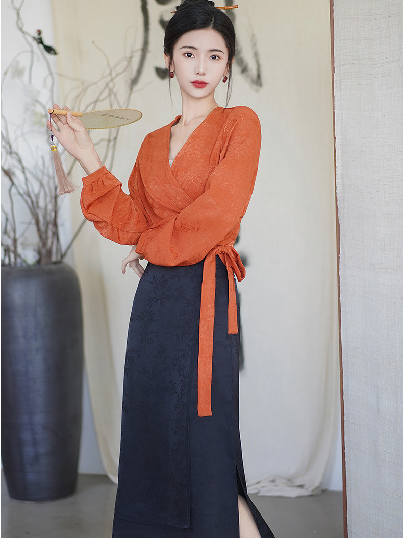 Elegant Hanfu Two-Piece Set – Orange Wrap Top and Black Skirt