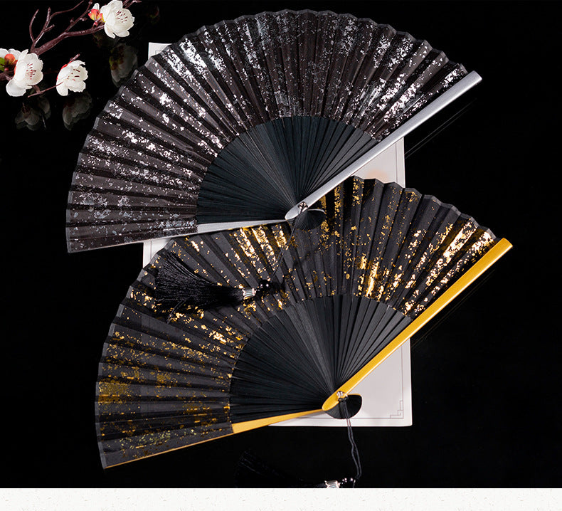 Handcrafted Black Folding Fan with Elegant Gold Detailing