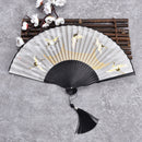 Elegant Folding Fan With Crane Design And Gift Box - Black And Gol