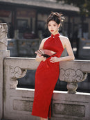 Elegant Red Halter Cheongsam Dress With Traditional Chinese Design