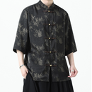 Men's Black Bamboo Print Shirt With Traditional Chinese Style