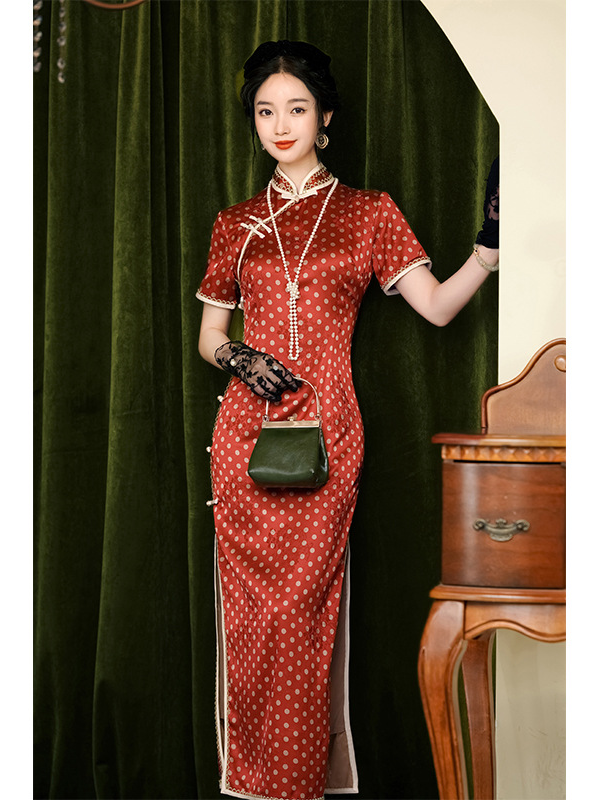 Vintage Red Polka Dot Cheongsam with Pearl Trim and Mandarin Collar