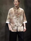 Chinese Vintage Men's Tang Linen Shirt with Bamboo Leaf Embroidery Designs