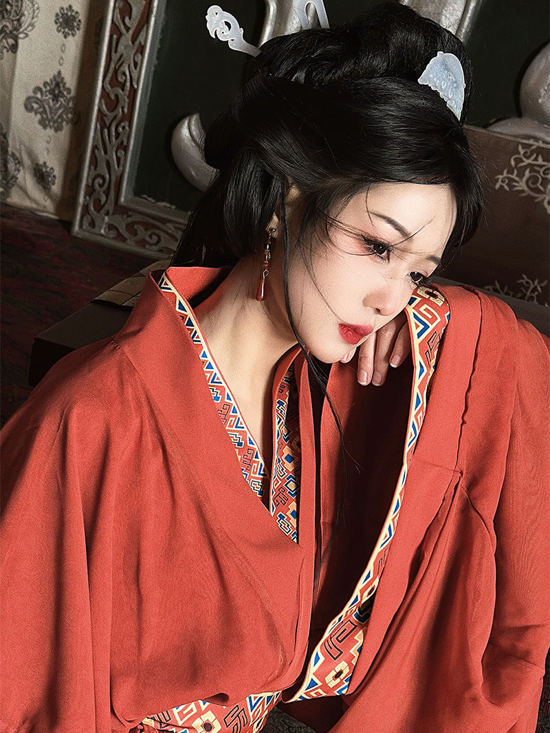 Qinhan Dynasty Hanfu Dress with Wide Sleeves and Vintage Embroidery - Red