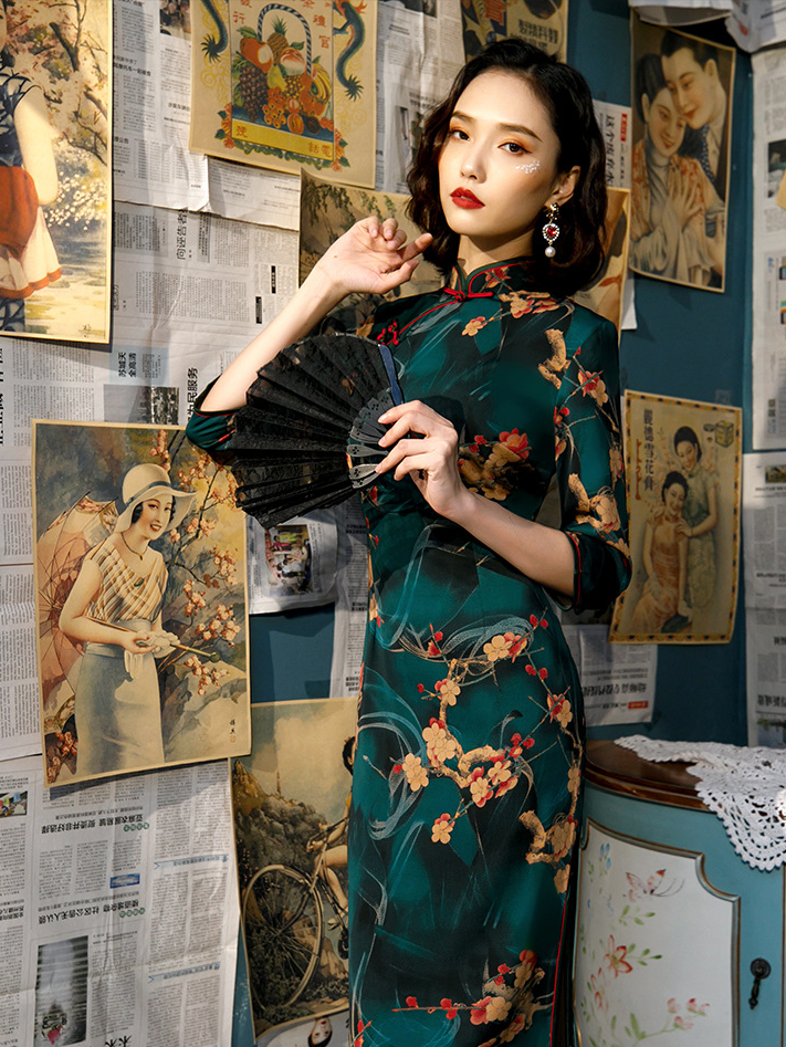 Vintage Floral Cheongsam Dress for Women