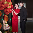 Red Floral Short Sleeve Mandarin Collar Wedding Qipao Dress