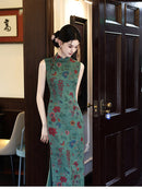 Green Floral Sleeveless Mandarin Collar Slim Qipao Dress