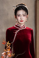 Red Velvet Lace Long Sleeve Qipao Dress | Slim Mandarin Maxi