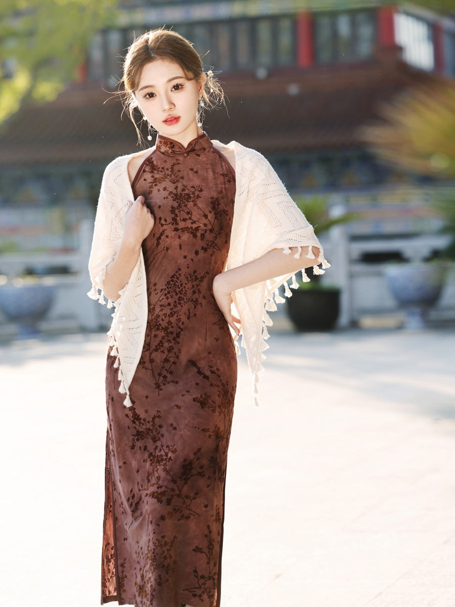 优雅奶油色流苏汉服披肩柔软针织披肩，适合传统服装分层搭配