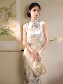 Ivory Blue Floral Jacquard Sleeveless Qipao Maxi Dress
